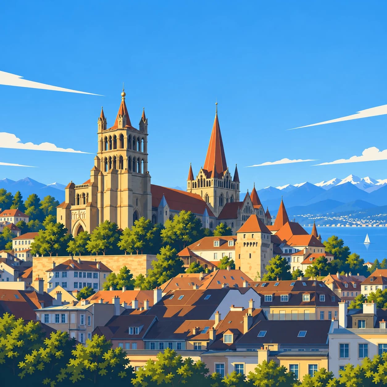 Illustration of Lausanne with the cathedral, Lake Geneva and the Alps